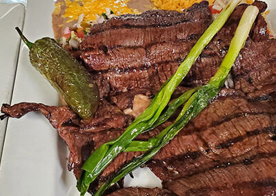 Skirt Steak Carne Asada with rice and beans at Madaline's Grill, Redmond Oregon